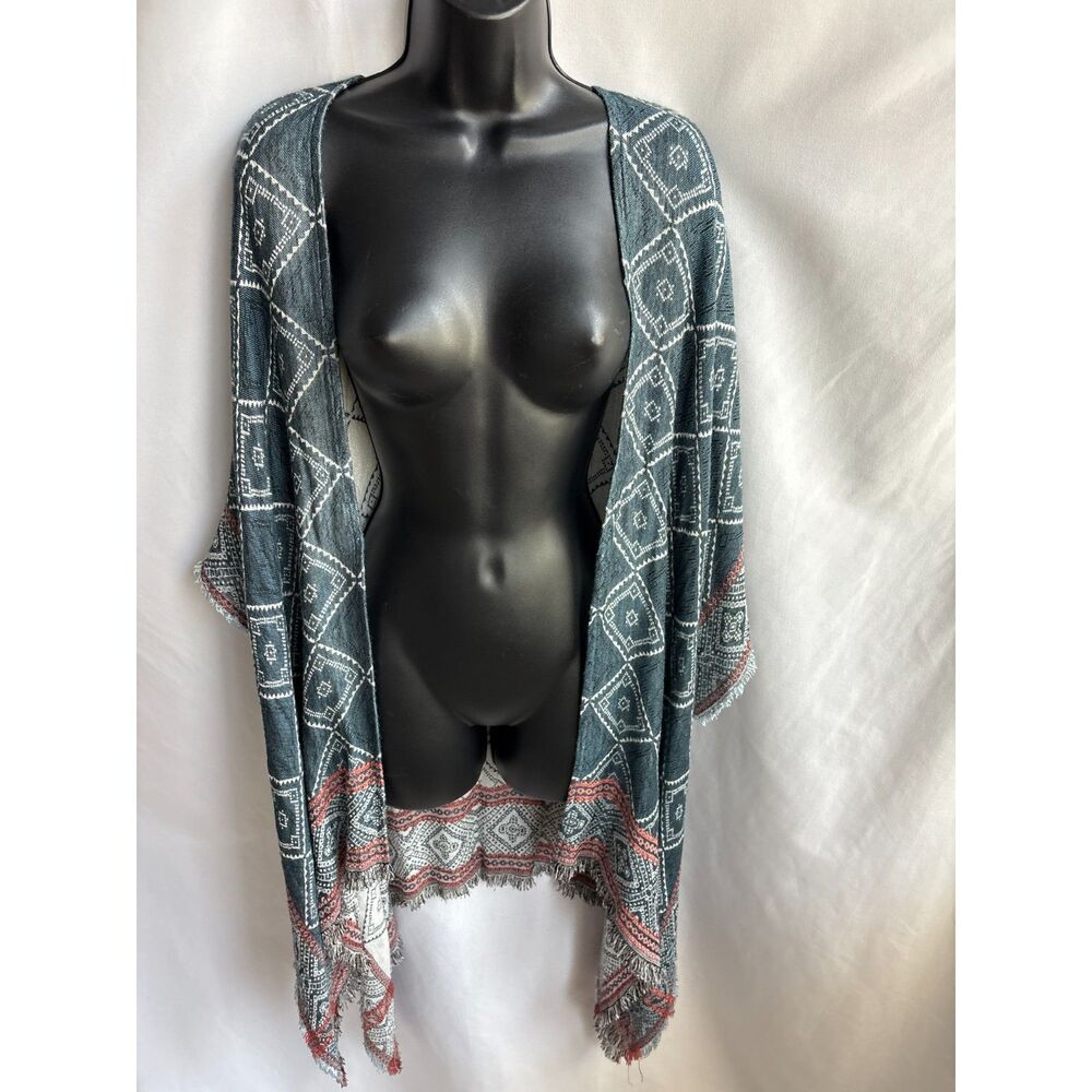Ecote Bohemian Style Geometric Poncho Kimono Coverup One Size Blue Ethnic Cute